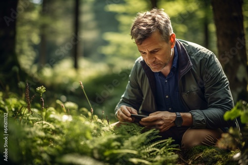 A man engrossed in technology while surrounded by nature © KWY