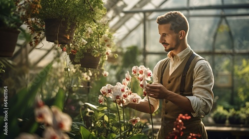 Fototapeta Naklejka Na Ścianę i Meble -  A man admiring colorful flowers in a greenhouse