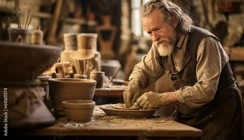 A man working in a traditional pottery shop