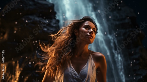 A woman enjoying the beauty of a majestic waterfall