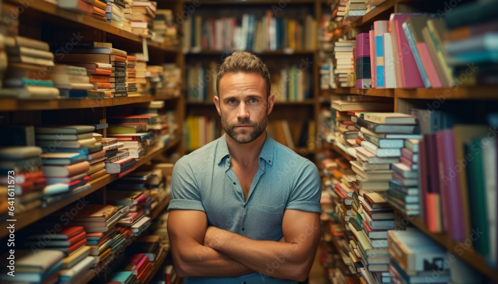 A man standing confidently in a library, arms crossed