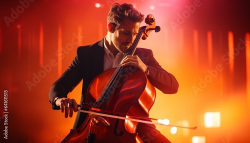 A man in a tuxedo playing a cello with passion and elegance