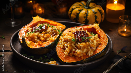 Pumpkin and sausage risotto served