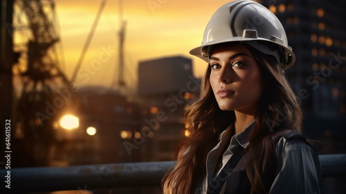 A woman in a hard hat with a stunning city skyline in the background © KWY