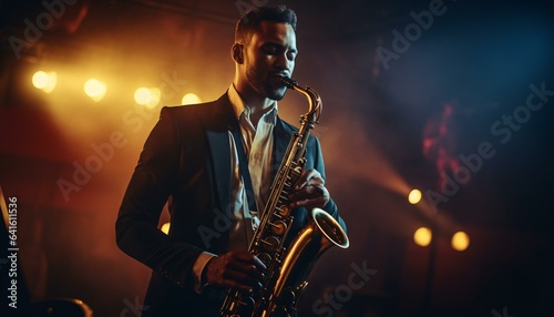 A man playing the saxophone in a stylish suit