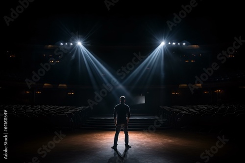 A man standing in front of a stage with three spotlights