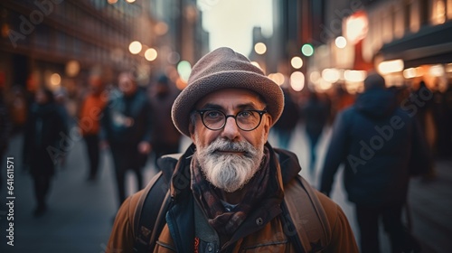 A stylish man with glasses and a beard walking on a vibrant city street