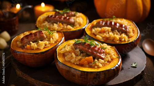Pumpkin and sausage risotto served