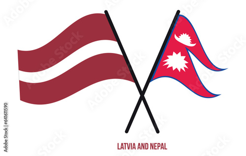 Latvia and Nepal Flags Crossed And Waving Flat Style. Official Proportion. Correct Colors.
