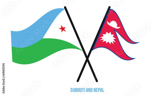 Djibouti and Nepal Flags Crossed And Waving Flat Style. Official Proportion. Correct Colors.