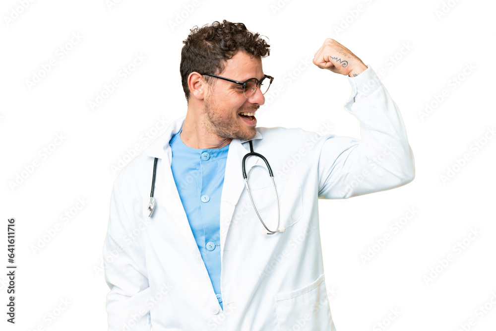 Brazilian doctor man over isolated chroma key background doing strong gesture Brazilian doctor man over isolated chroma key background doing strong gesture