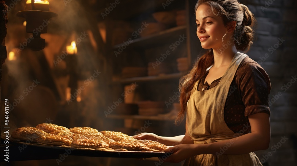A woman holding a tray of food in a kitchen
