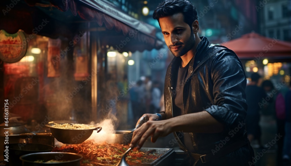 A man grilling food on the street A man grilling food on the street