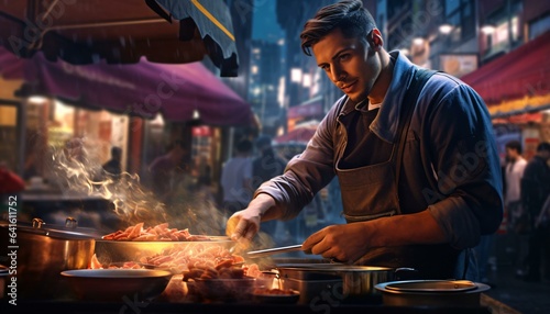A man grilling food on a busy street