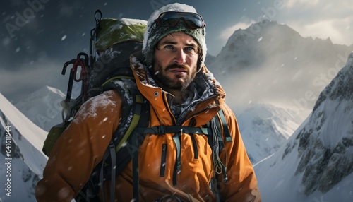 Photo of a man hiking in the snow-covered mountains with a backpack