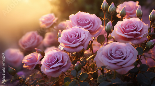 beautiful rose bushes in the garden at golden hour