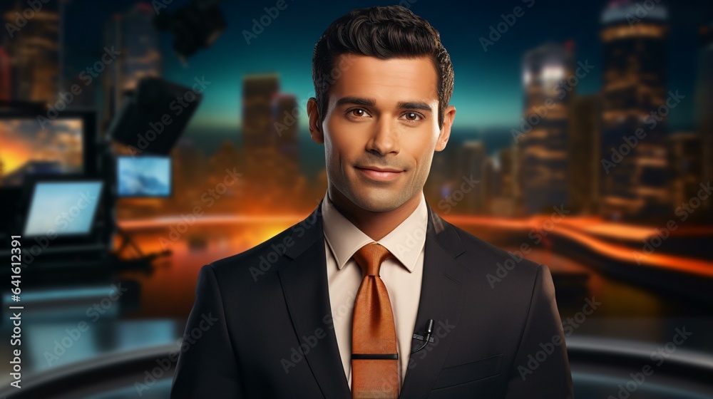 Photo of a professional man presenting news on a television set Photo of a professional man presenting news on a television set