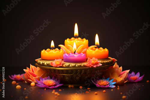 Happy Diwali festival background with glowing diya oil lamps and flowers, gold and shiny