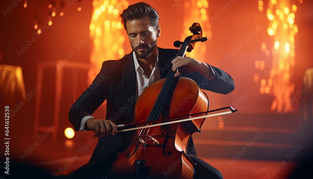 Fototapeta premium Photo of a man in a suit playing the cello with passion and precision