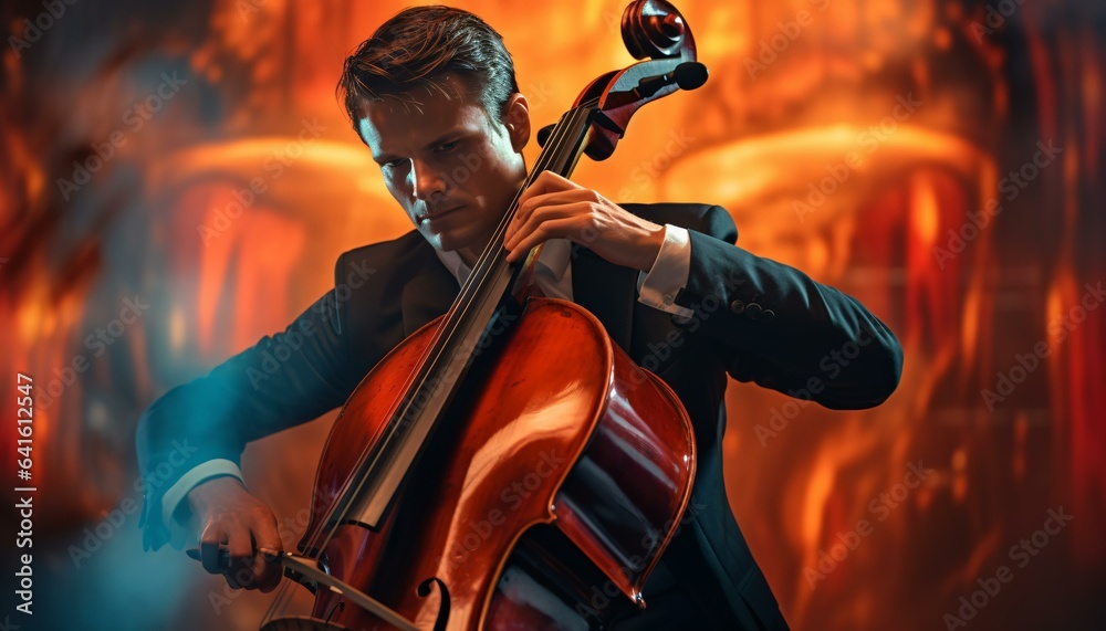 Photo of a musician playing the cello in a formal attire