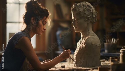 Photo of a woman painting a sculpture of a woman's head photo