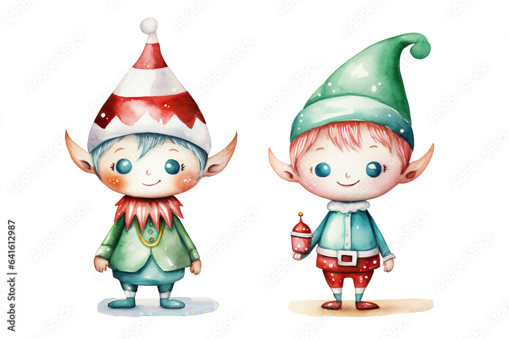 Christmas cute elves on transparent background, Set of Watercolor xmas elves isolated on white background, elves fun characters isolated, banner, flayer, leaflet, poster