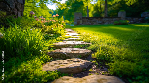 Stone walkway in the garden with beautiful green grass and flowers. selective focus. 