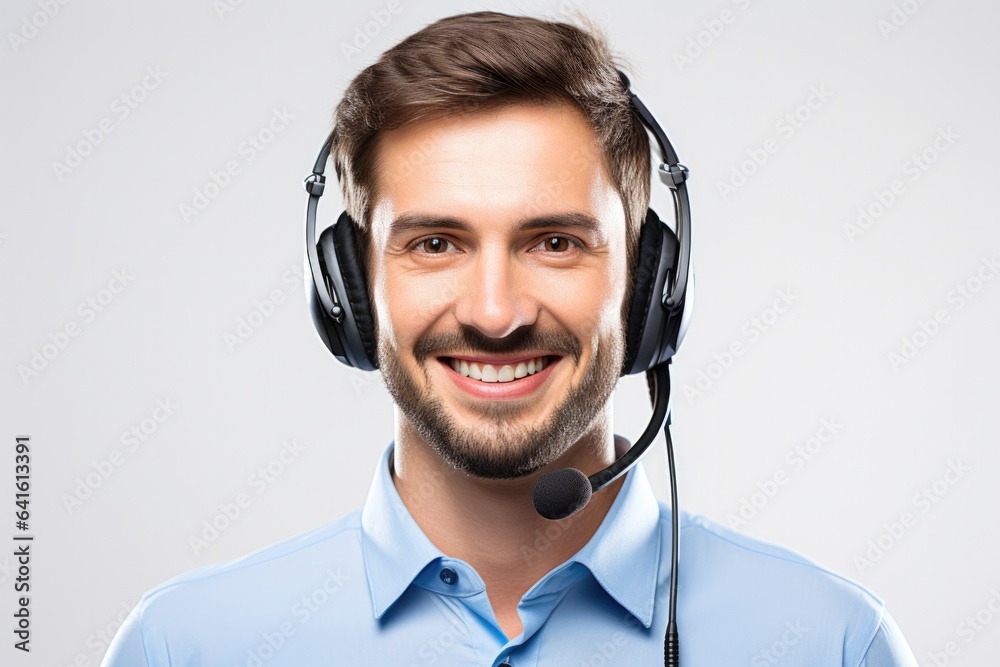 Call center, handsome man helpline operator in headset working at office. Technology, contact us and communication with happy employee operator in help desk agency. Call center, handsome man helpline operator in headset working at office. Technology, contact us and communication with happy employee operator in help desk agency.