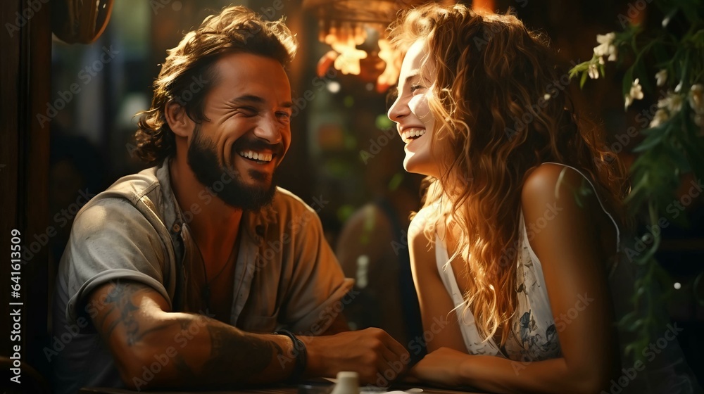 A man and a woman are sitting relaxing in a bar and laughing and smiling on a date A man and a woman are sitting relaxing in a bar and laughing and smiling on a date