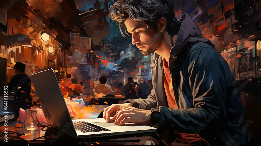 A man in headphones plays online games on a laptop computer. The concept of computer games, streaming and remote work - obrazy, fototapety, plakaty 