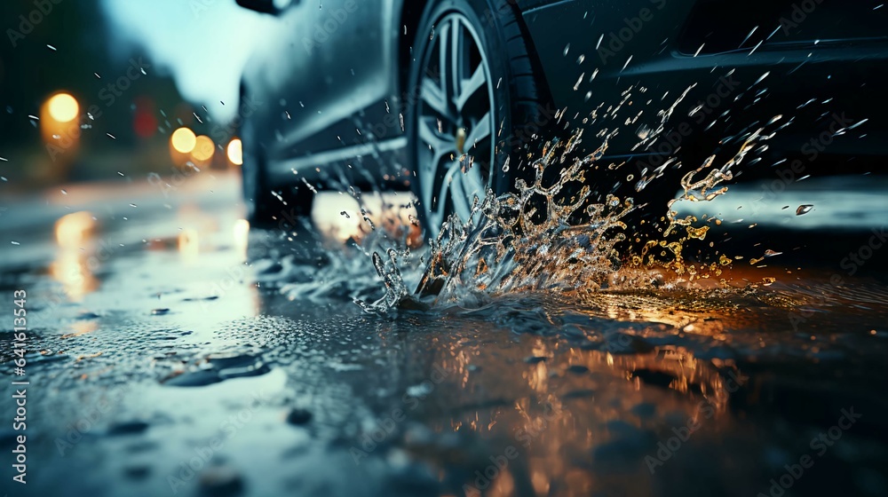 Side view of a car wheel on wet pavement during rain at sunset in the city - obrazy, fototapety, plakaty 