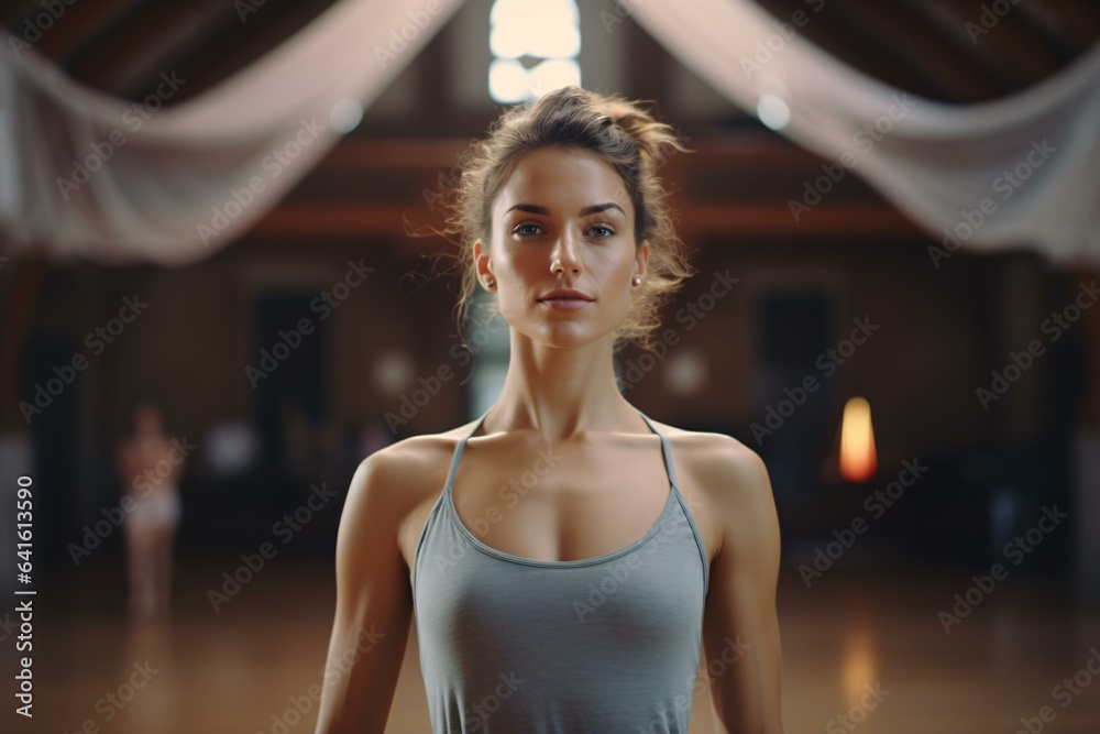 A woman in a gray tank top standing in a room