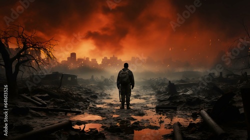 A man stands on the ruins during a fire after the fighting in the war, the view from the back