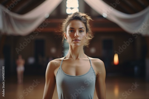 A woman in a gray tank top standing in a room