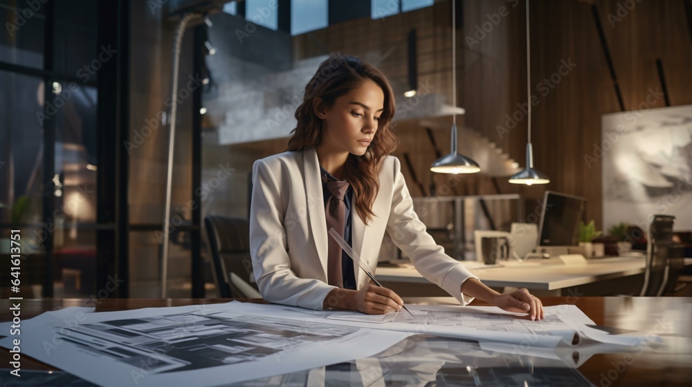 A woman working at a desk with documents and papers A woman working at a desk with documents and papers