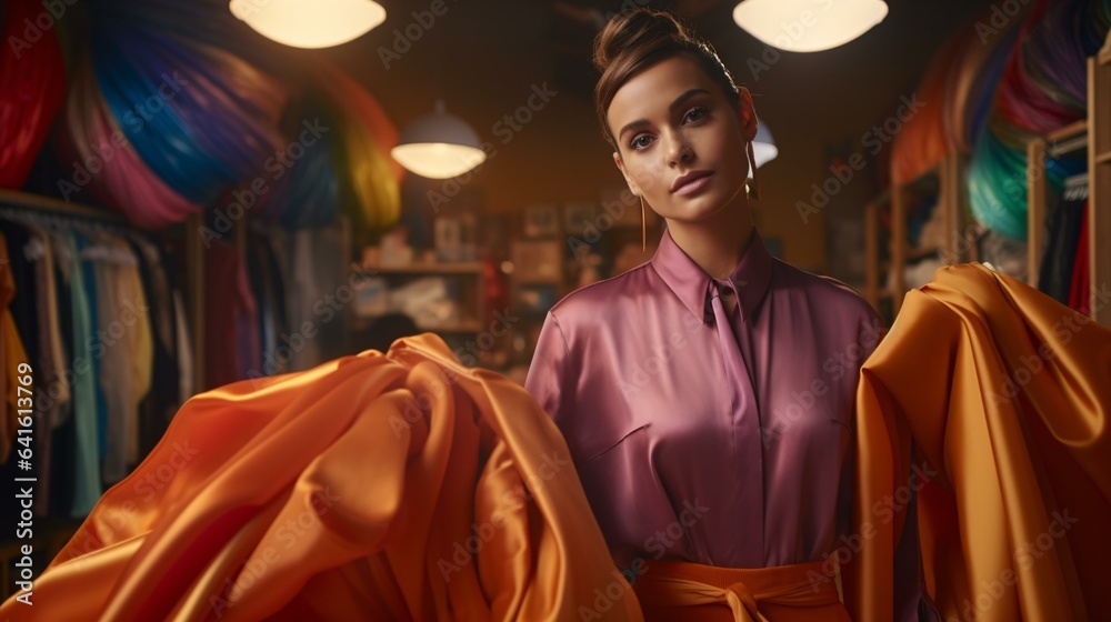 Fototapeta premium A woman in a vibrant pink shirt and orange skirt