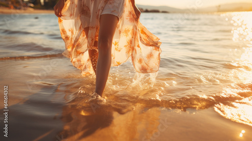 Fototapeta Naklejka Na Ścianę i Meble -  Close up of woman feet walking barefoot on sand beach in sea water. Vacation, travel and freedom concept. People relaxing in summer.,ai generate
