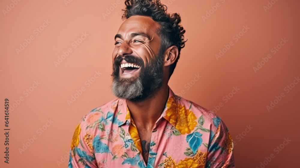 stylish male adult with beard and mustache smiling positive emotion wear casual pattern shirt standing on color wall background portrait shot,ai generate