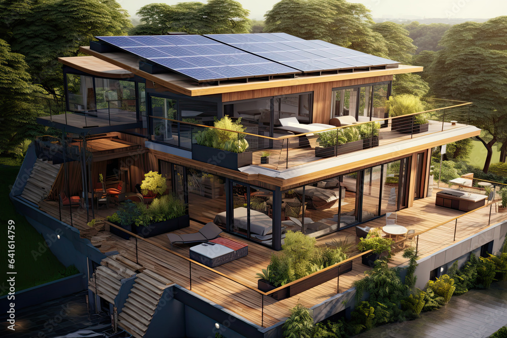 Obraz premium Illustration of a modern villa with solar panels on the roof. 