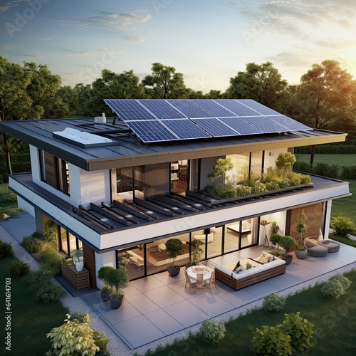 Illustration of a modern villa with solar panels on the roof. 