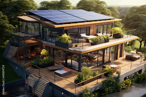 Illustration of a modern villa with solar panels on the roof.  © Robert