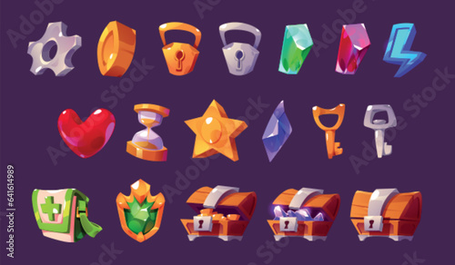 Game icon kit - cartoon vector gui assets set of lock and key, blue lightning and first aid medicine bag, various gem stones, closed and open wooden chest box with treasure, hp heart and time trophy.