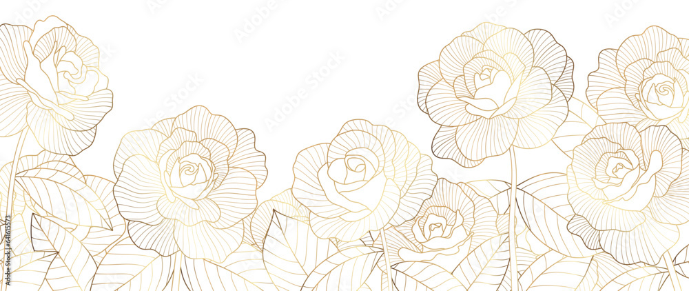 Luxury golden rose flower line art background vector. Natural botanical elegant flower with gold line art. Design illustration for decoration, wall decor, wallpaper, cover, banner, poster, card.