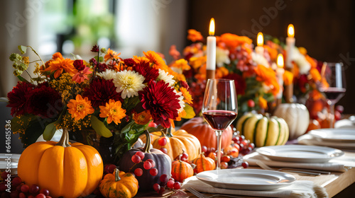 Autumn table setting with pumpkins  grapes  cheese and wine for halloween and thanksgiving