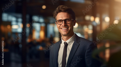 a smiling young business professional wearing glasses