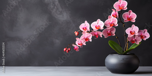 A flowerpot containing a blooming orchid is placed on a black stone table against a dark background. space available for text