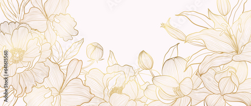 Luxury golden lily and poppy flower line art background vector. Natural botanical elegant flower with gold line art. Design illustration for decoration, wall decor, wallpaper, cover, banner, card.