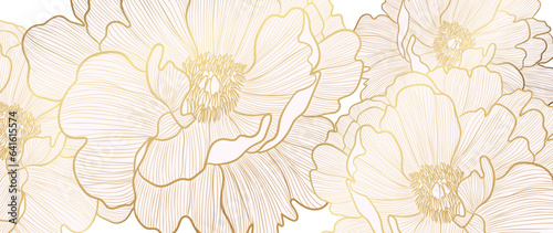 Luxury golden peony flower line art background vector. Natural botanical elegant flower with gold line art. Design illustration for decoration, wall decor, wallpaper, cover, banner, card.