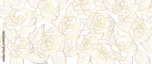 Luxury golden rose flower line art background vector. Natural botanical elegant flower with gold line art. Design illustration for decoration, wall decor, wallpaper, cover, banner, poster, card.