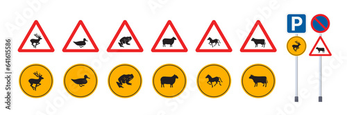 Collection of animal crossing road hazard signs. Traffic sign warning for deer, duck, frog, sheep, horse, cattle and cow on the road. Traffic sign Vector.